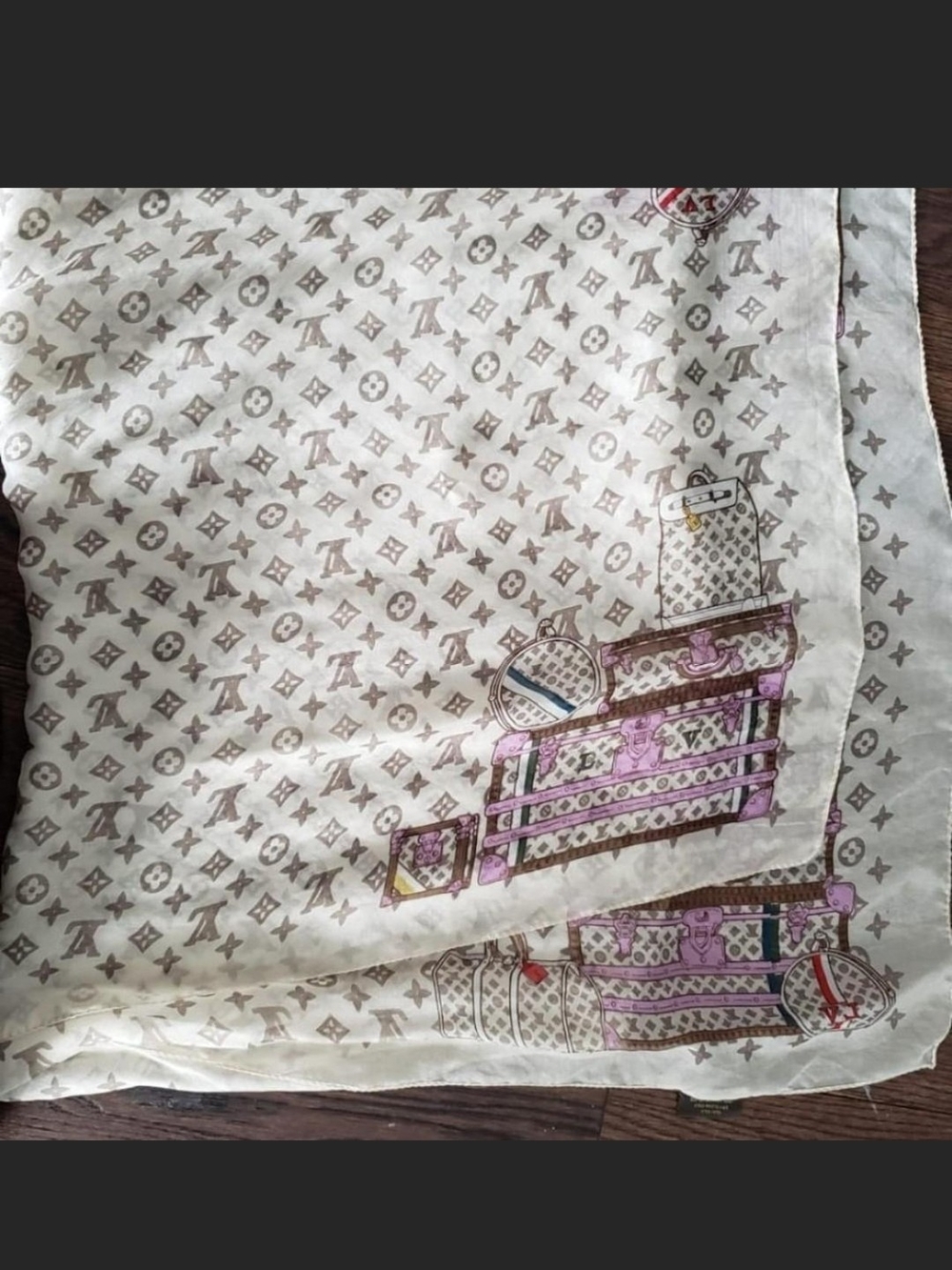 Louis Vuitton White Silk Scarf with Pink and Brown Trunk Print
